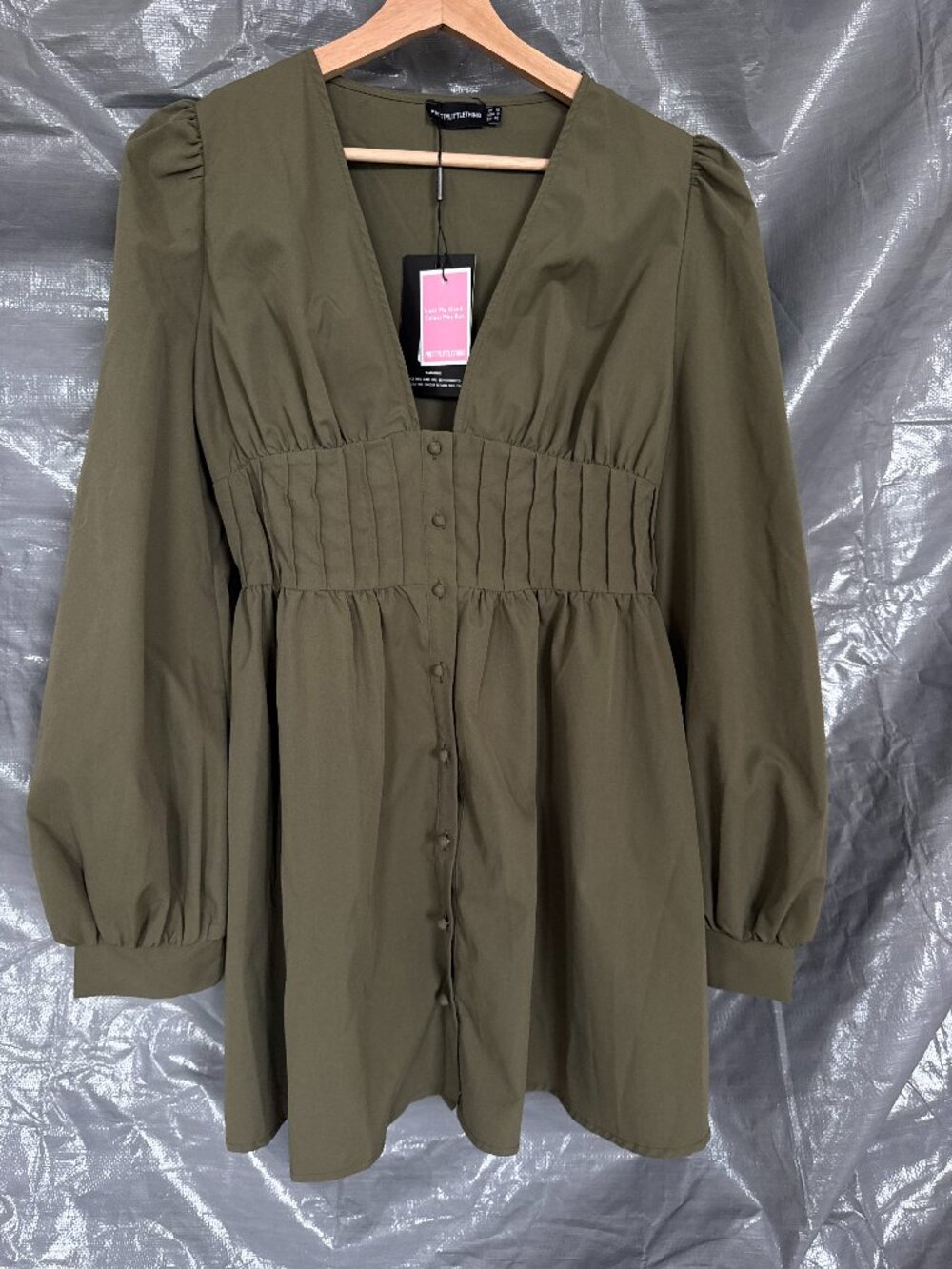 NWT PrettyLittleThing Womens US 8 Olive Puff Sleeve Peplum Babydoll Blouse Top